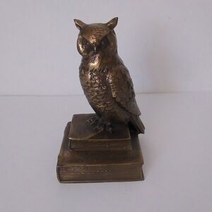 Vintage Bronze Brass Wise Old Owl Sitting On A Stack Of Books 7"